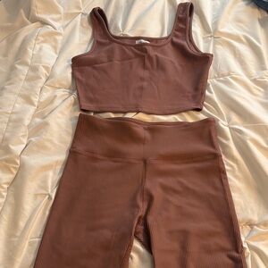 Brown Ribbed Crop Top and Shorts Set